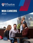 A group of people engaged in conversation, some seated, with a laptop on the table. The text reads "Wharton University of Pennsylvania MBA Careers 2025."